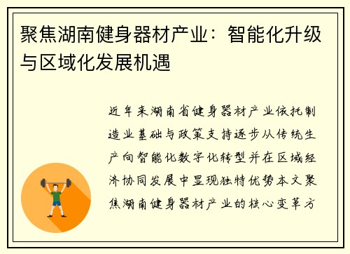 聚焦湖南健身器材产业：智能化升级与区域化发展机遇
